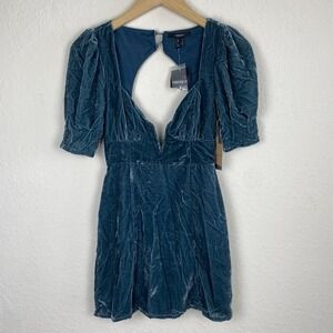Forever 21 Size S Velvet Mini Dress Puff Sleeve Coquette Plunge Teal Y2k Party